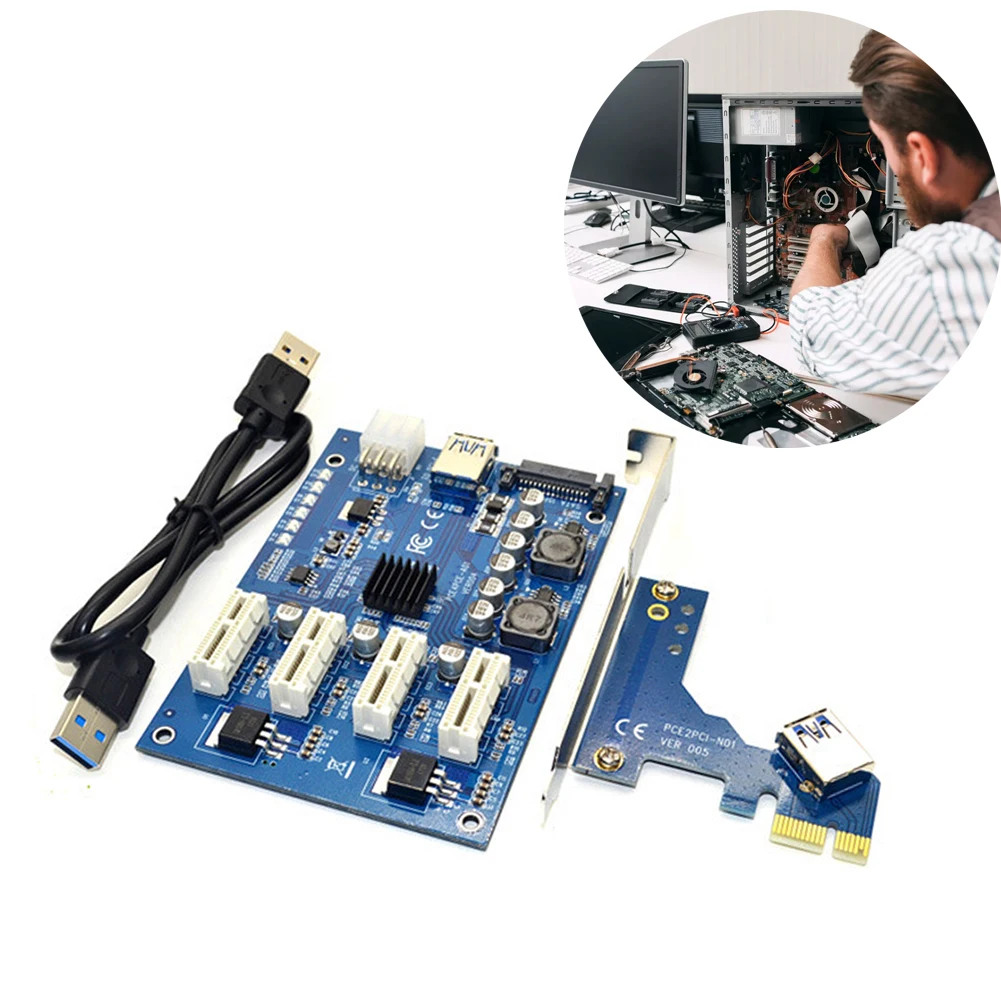 1 Set PCI-E X1 Kad 4PCI-E X16 Išplėtimo Rinkinys 1 Iki 4 Port PCI Express Jungiklis Daugiklis HUB 6 Pin Sata USB Riser Card Kasybos Miner Nuotrauka 1